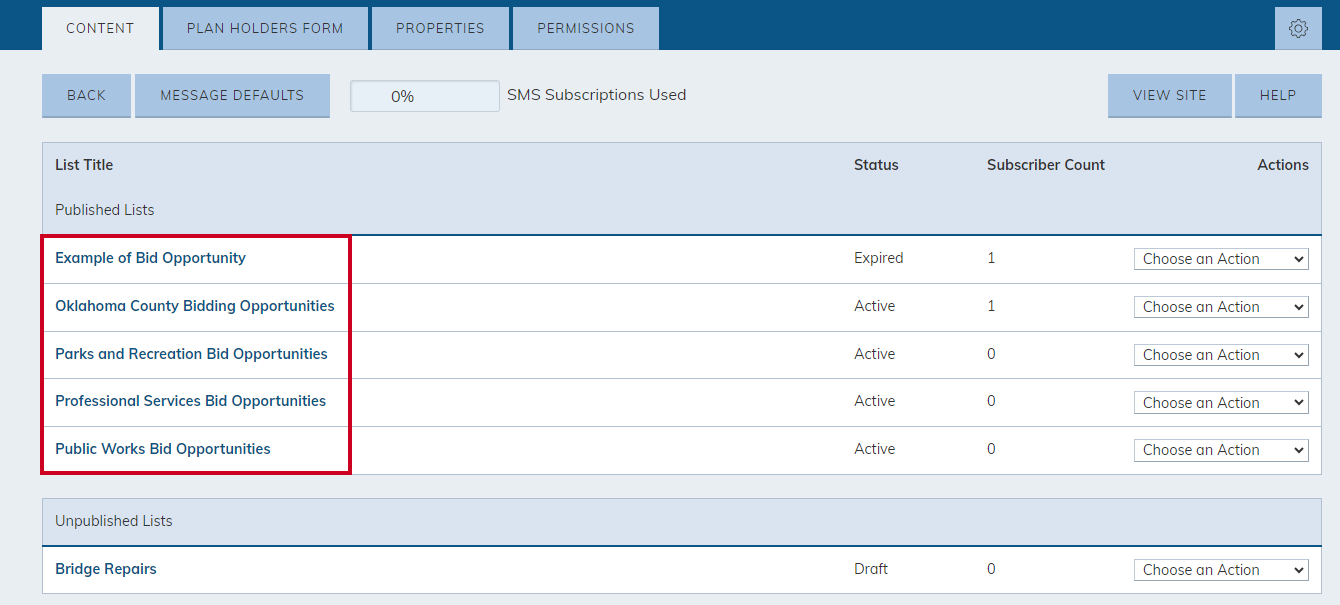 An example of published Bid Postings's email lists.