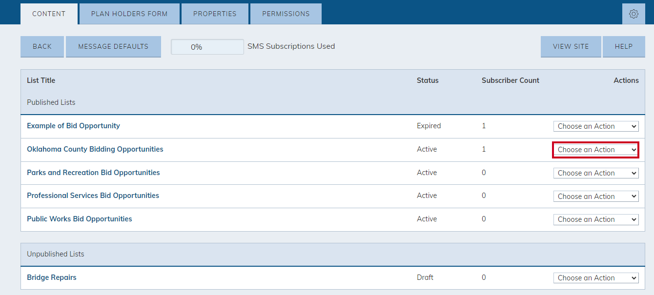 An email list's Choose an Action menu.