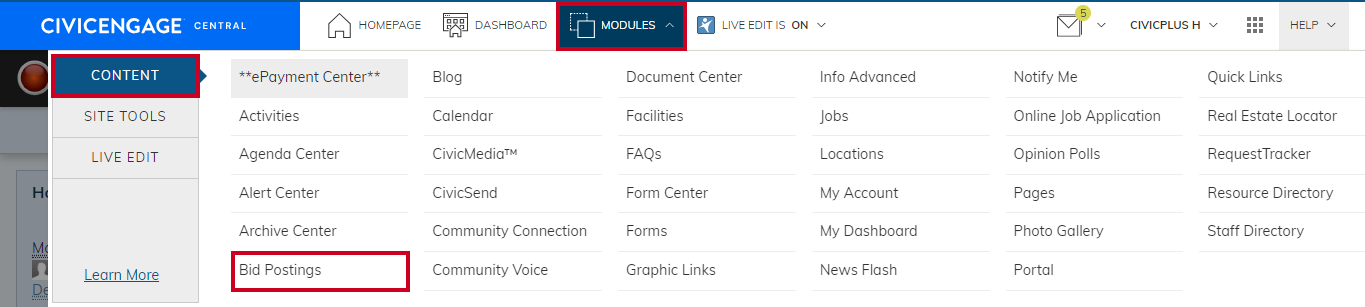 The Bid Postings Module on the Module menu's Content tab.