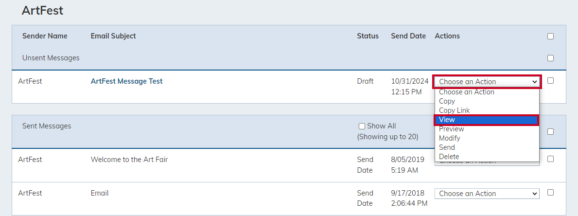 The Choose an Action menu's View option lets you review a message.