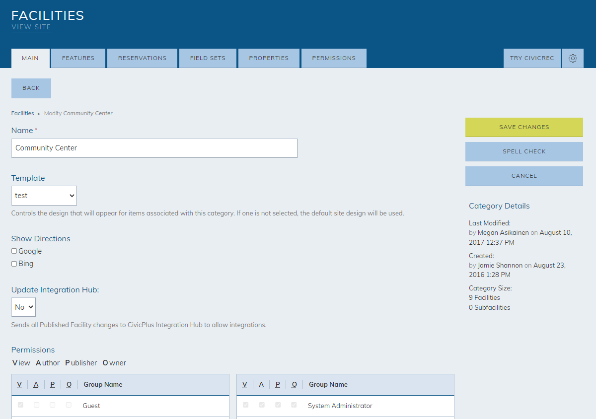 Facility category information fields.