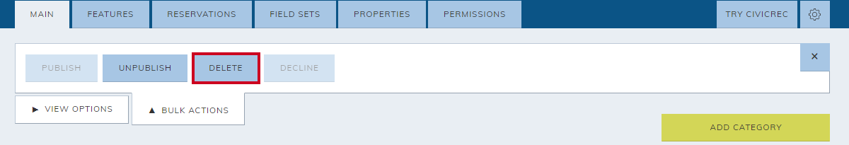 Bulk action menu, delete button.