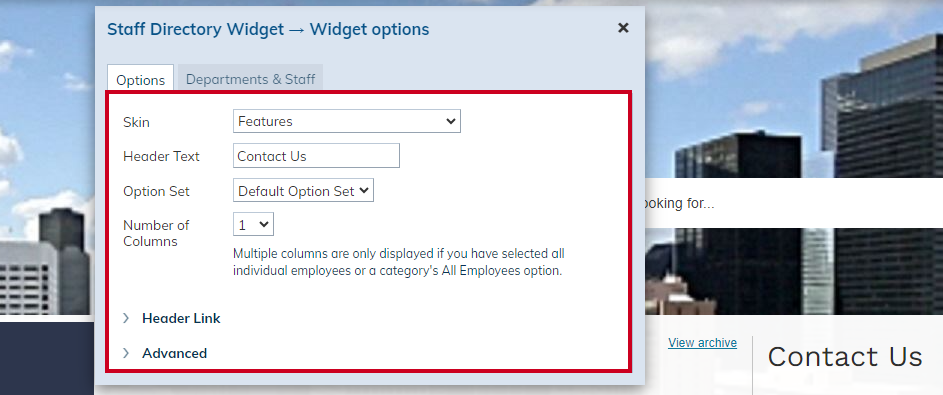 Staff Directory Widget Options Fields.