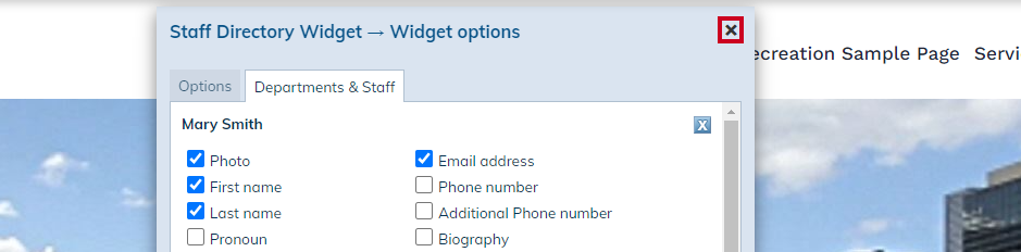 X icon to close widget.