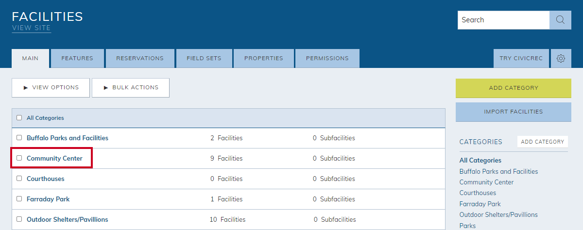 The name of the facility category in the All Categories column of the table.