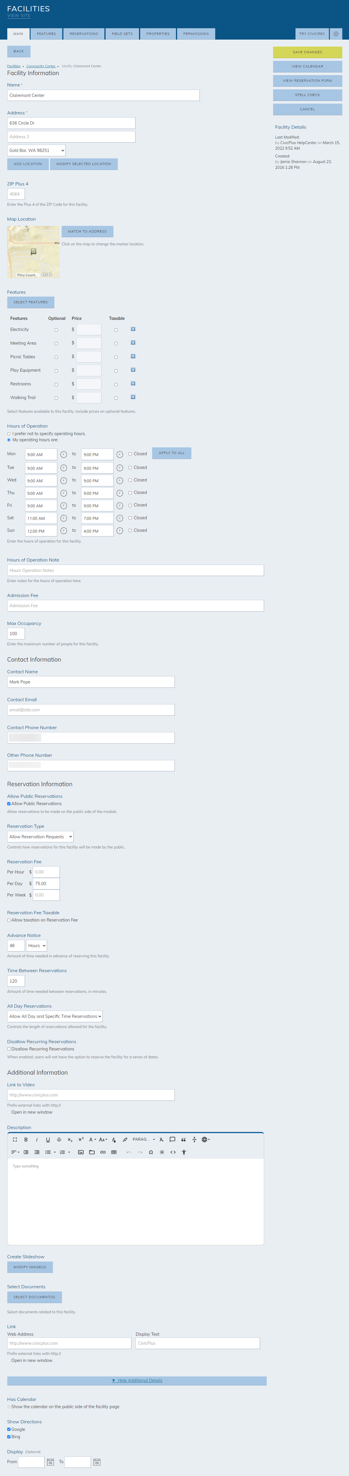 The text entry fields, buttons, and check box toggles under the Facility Information header.