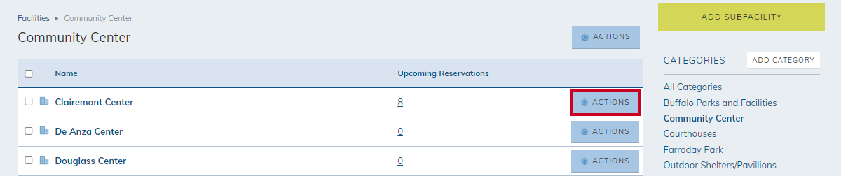 The button labeled Actions with a cog wheel icon to the far right of the section Name in the unnamed column.