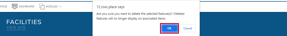 Confirm delete pop-up window, okay button.