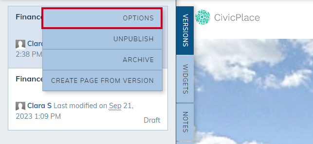 Page Versions Options.