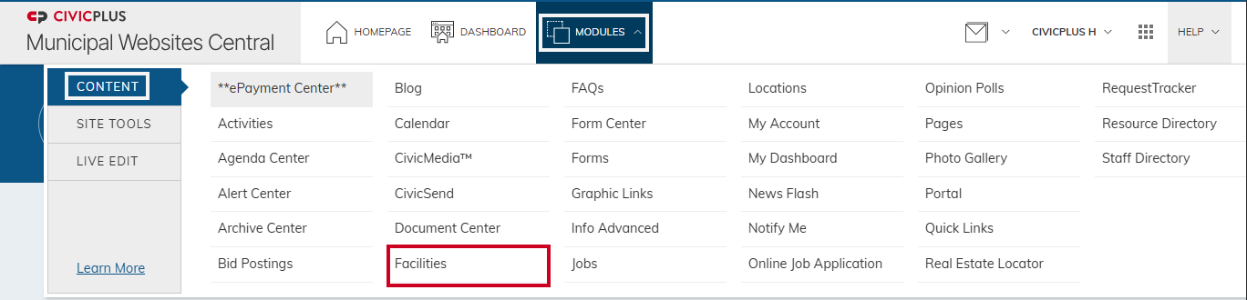 Modules menu with Facilities selected.