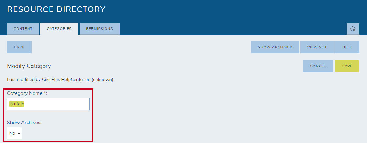 Category name text box and show archives drop-down menu.