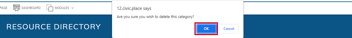 Confirm delete pop-up, okay button.