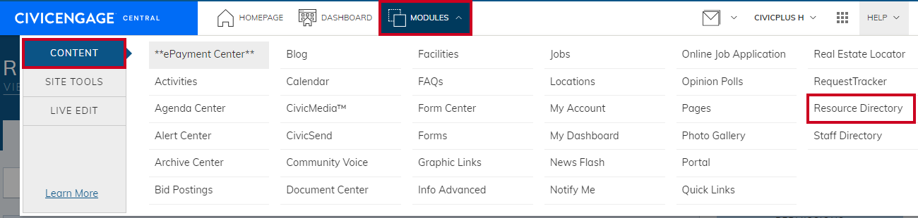 Modules menu with Resource Directory selected.