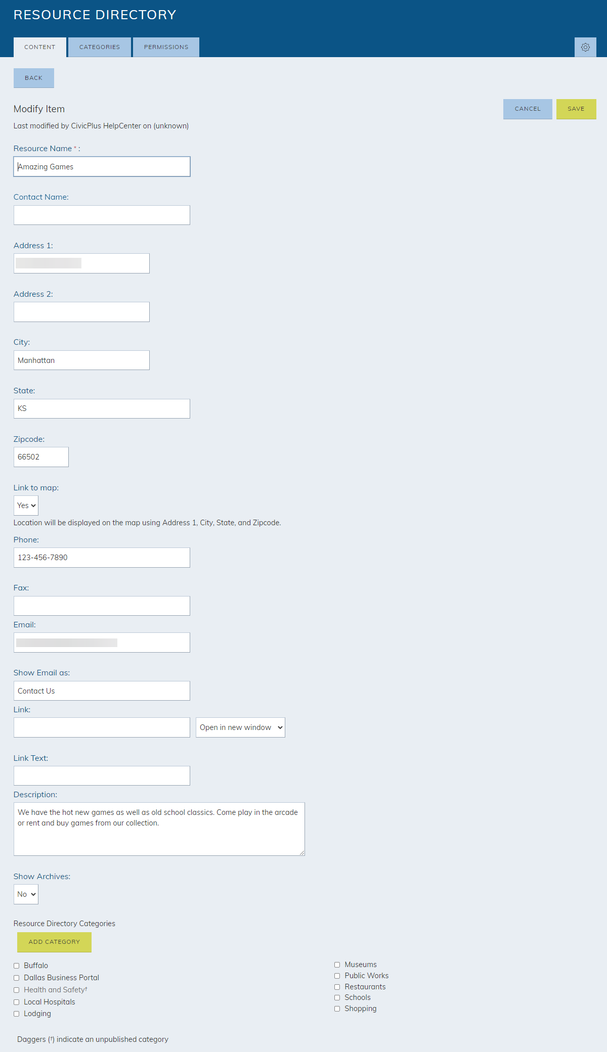 Modify information fields and options.
