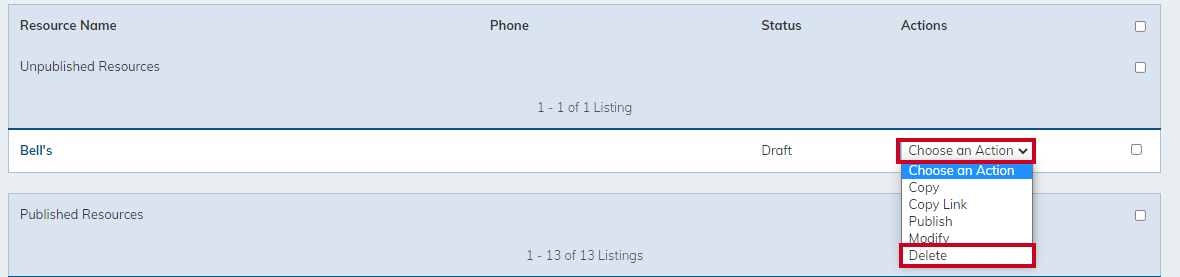 Choose an action menu delete.
