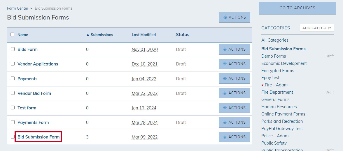 A list of forms in a category.