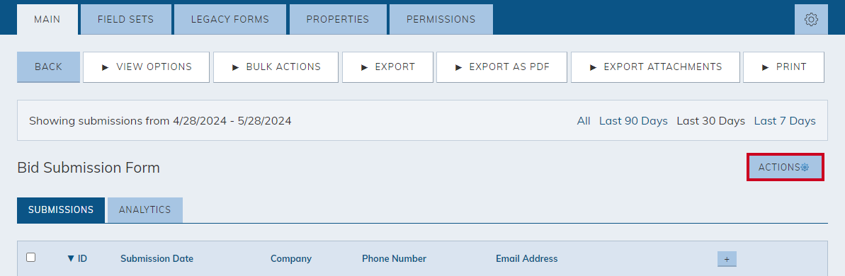 The form's Actions button.