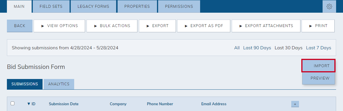 The Import option in the form's Actions menu.