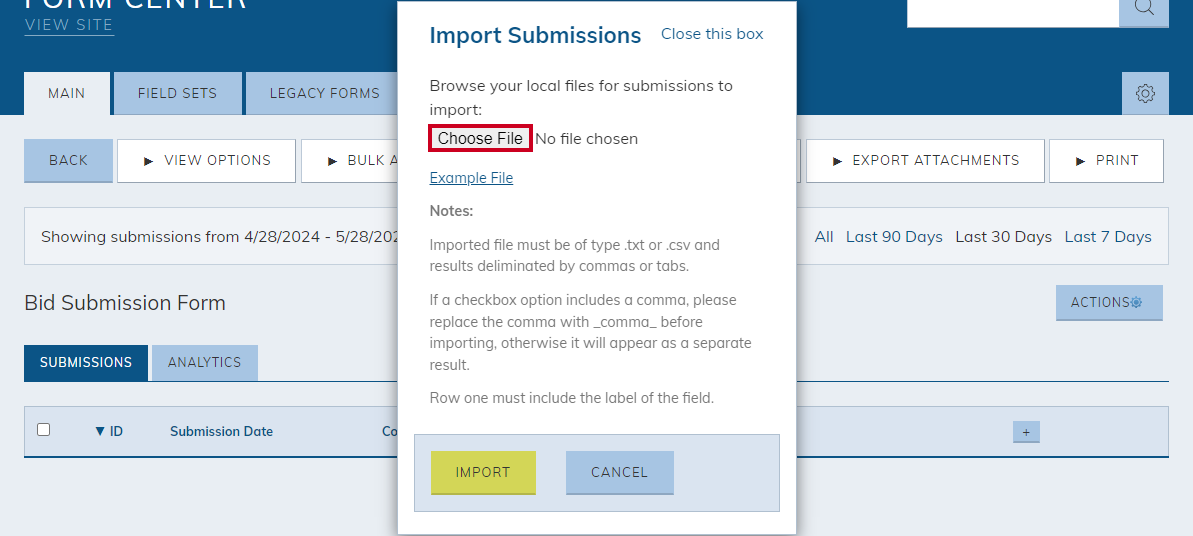 The Choose File button allows you to locate the file you want to import.