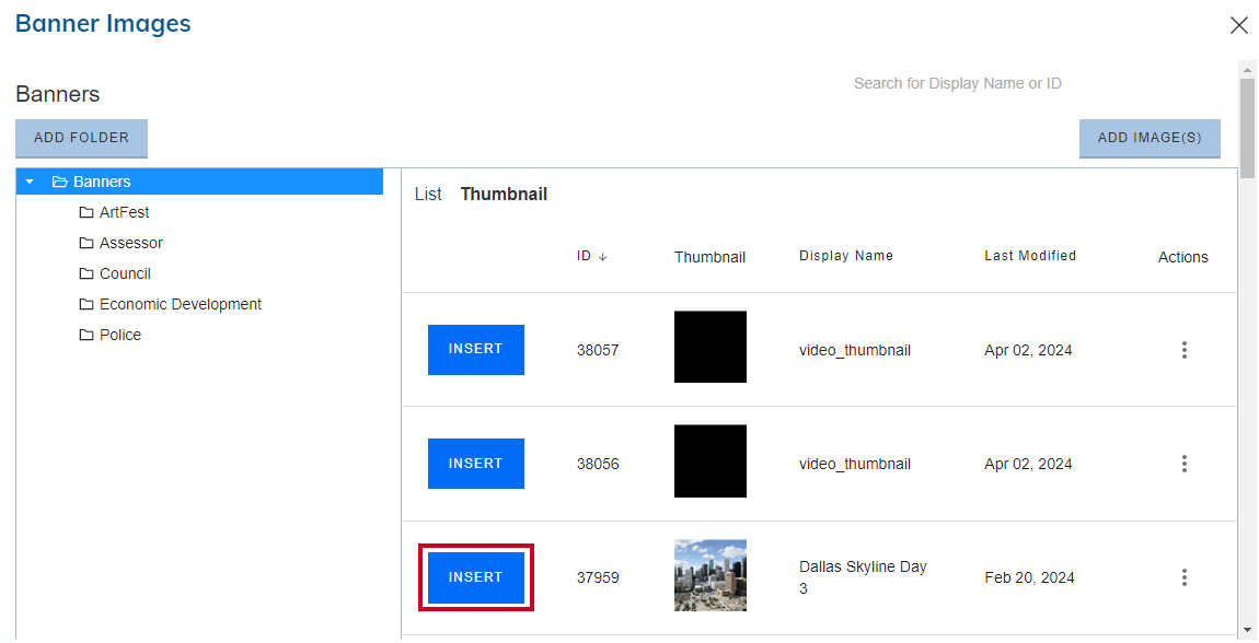 A blue, rectangular Insert button that can be clicked to insert the chosen image.