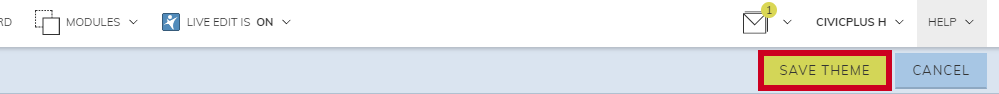 A green, rectangular Save Theme button in the upper-right corner of the screen that can be clicked to save your work.
