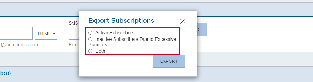 Export Subscriptions Options.