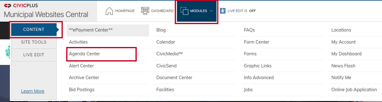 Agenda Center option in Modules menu.