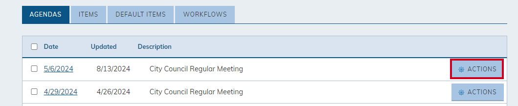 Agenda actions button.