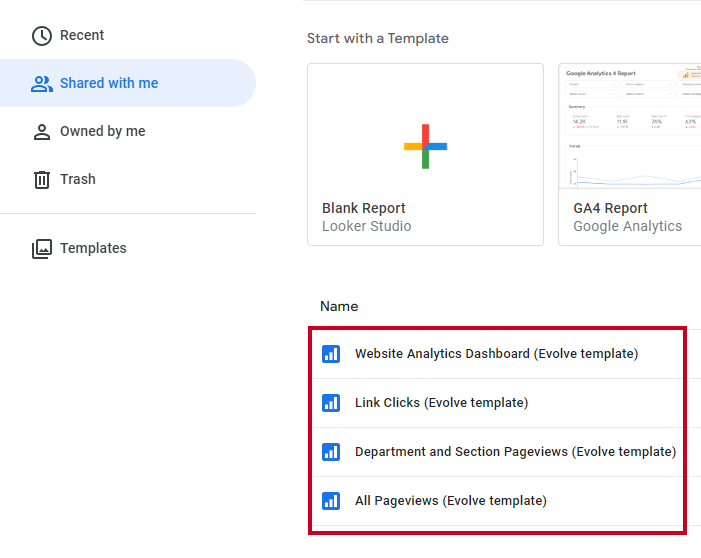 A list of report templates that are shared with you.