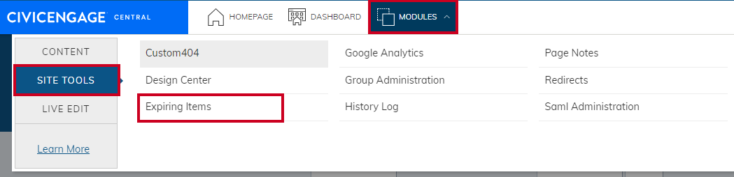 Expiring Items option in Site Tools menu.