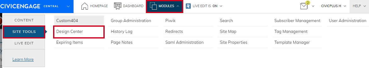 Site Tools menu with Design Center selected.