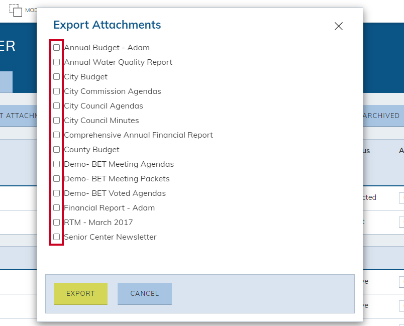 Export Attachments checkboxes.