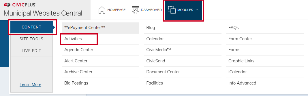 Modules menu with Activities selected.