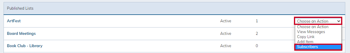 Choose an action dropdown subscribers.