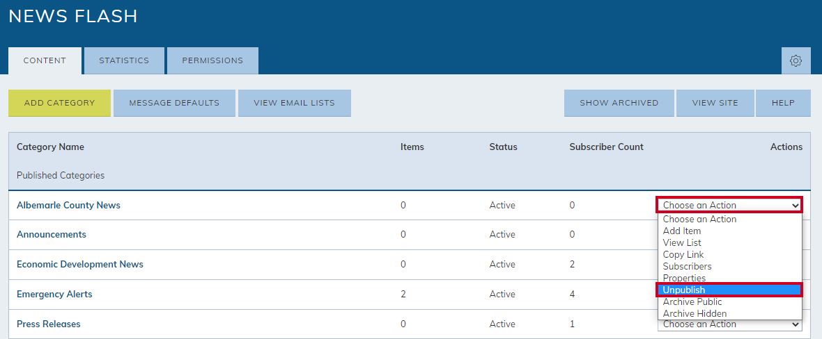 The drop down labeled Choose an action, and the option labeled unpublish.