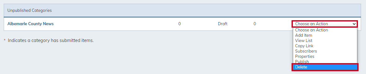 The drop-down menu labeled Choose an action, and the option labeled delete.