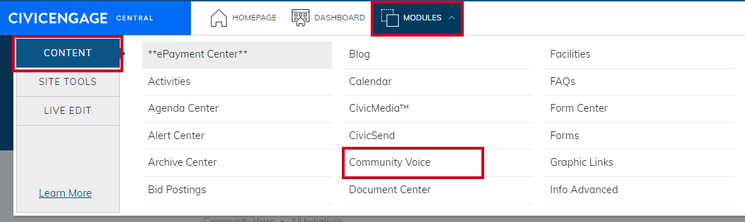 Modules menu, Community Voice.