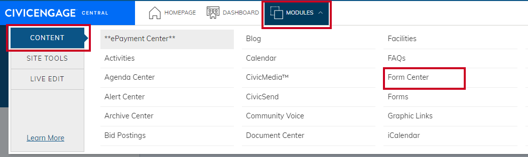 Modules menu with Form Center selected.