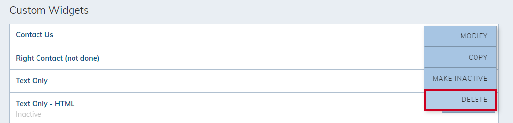 Delete button in Actions Menu list.