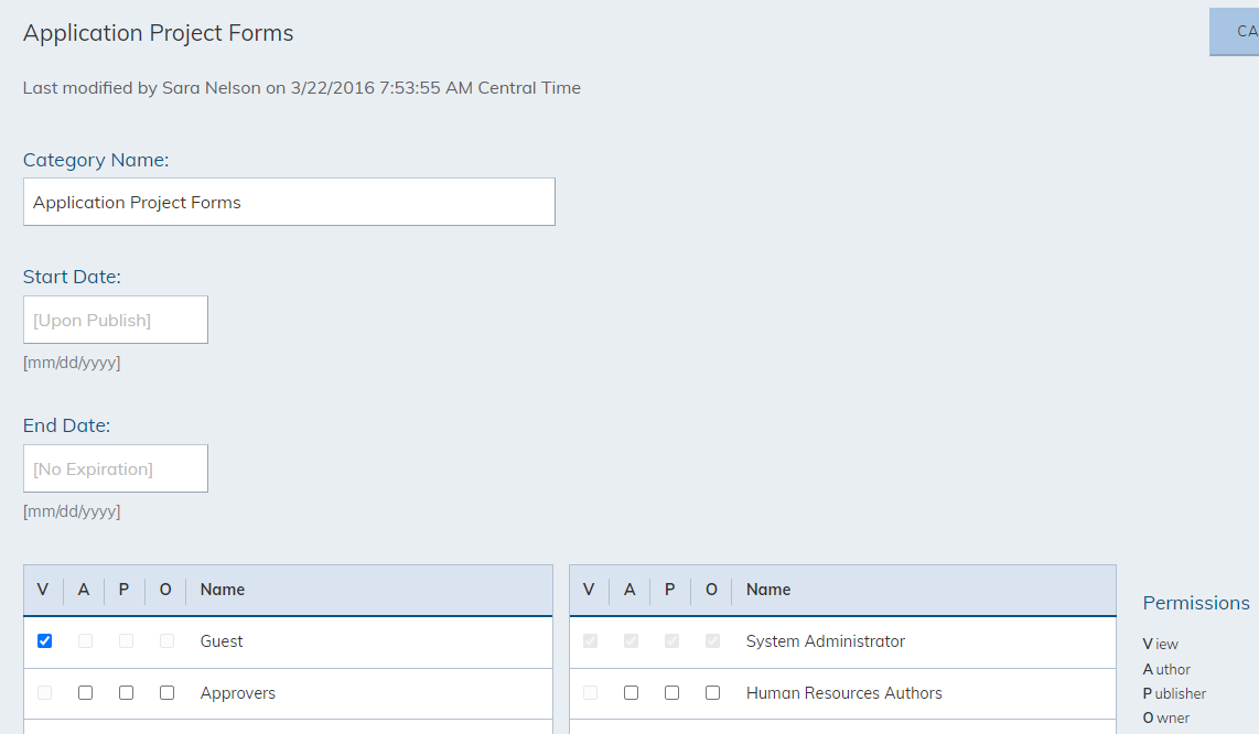 Category fields.