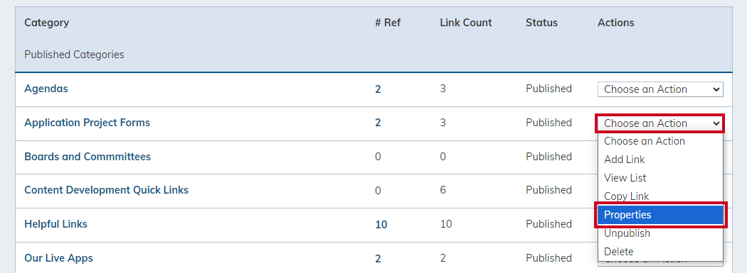 Category properties.