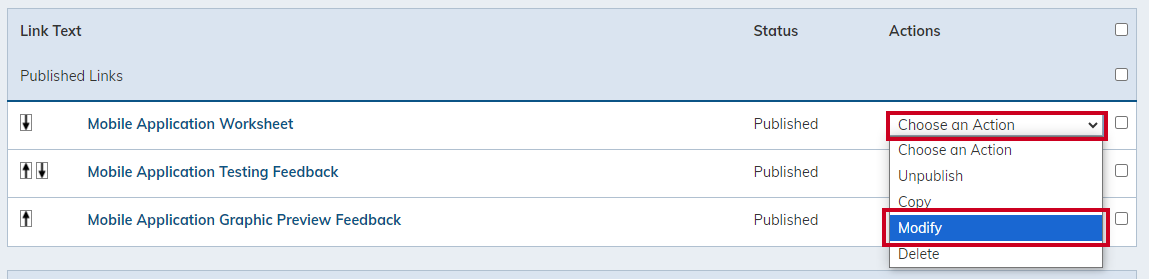 Choose an action, modify option.