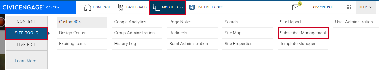 Site Tools menu with Subscriber Management selected