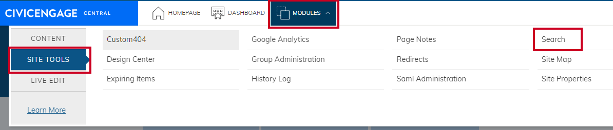 Site Tools menu with Search selected.