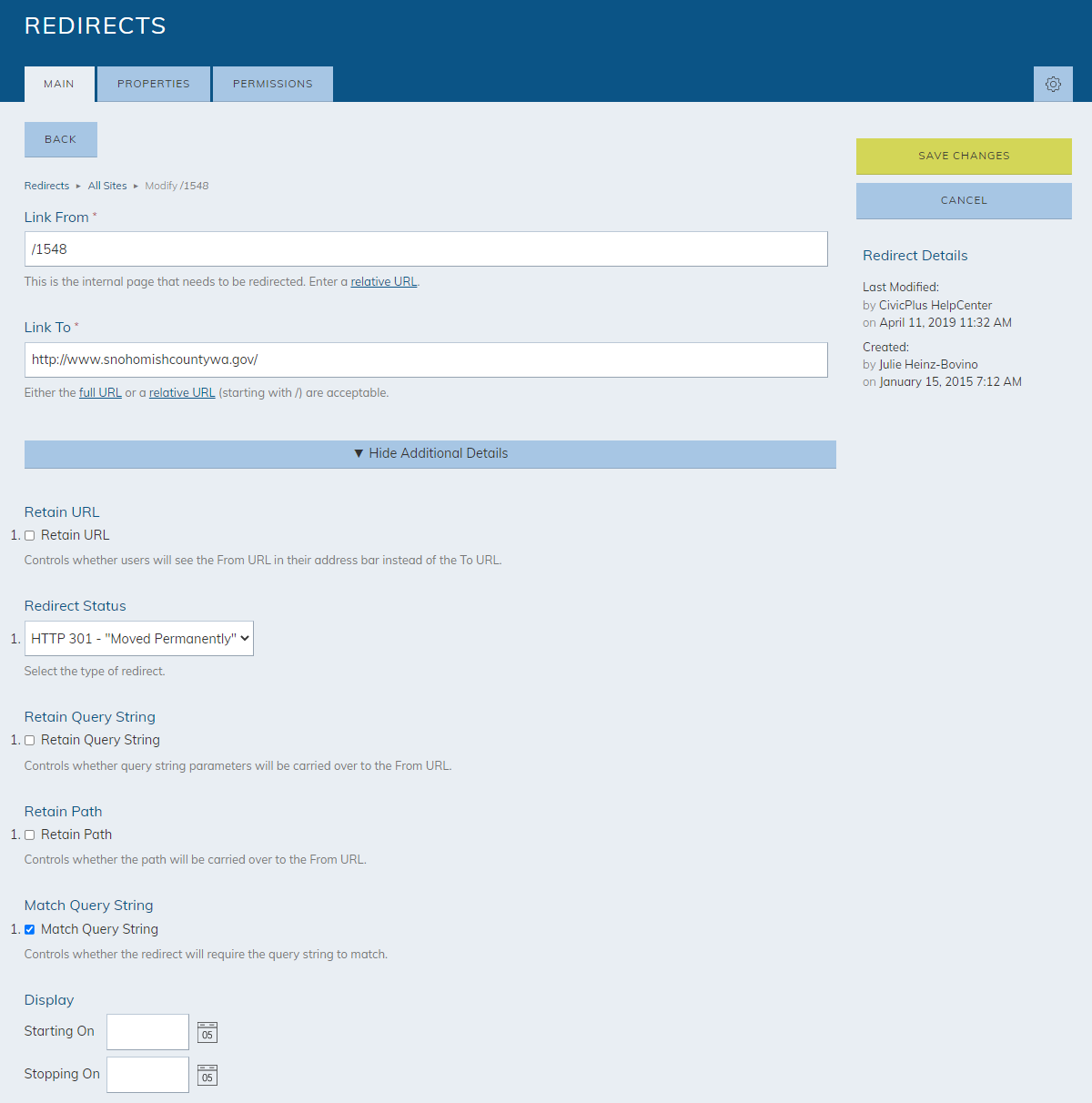 Redirect option fields.