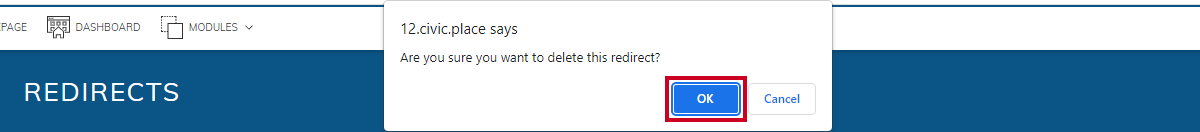 Confirm delete pop-up, okay button.
