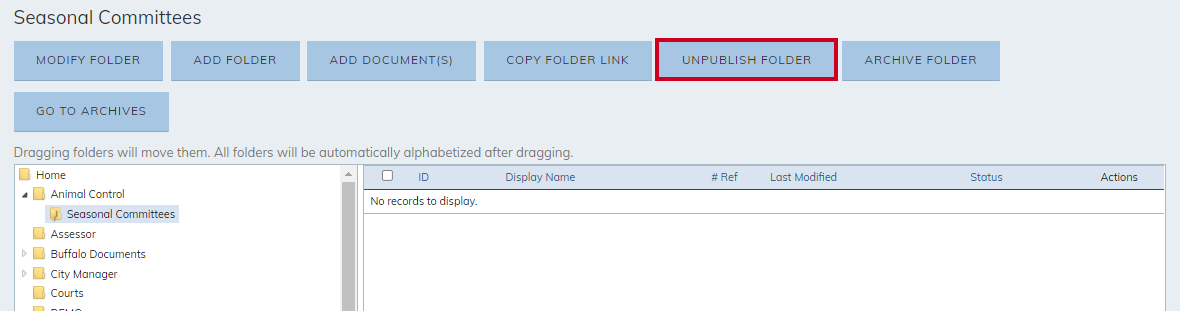 Unpublish folder button.