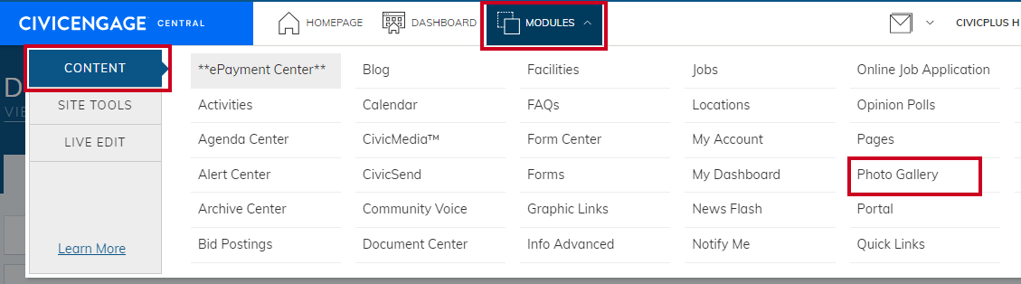 Modules menu, Photo Gallery.