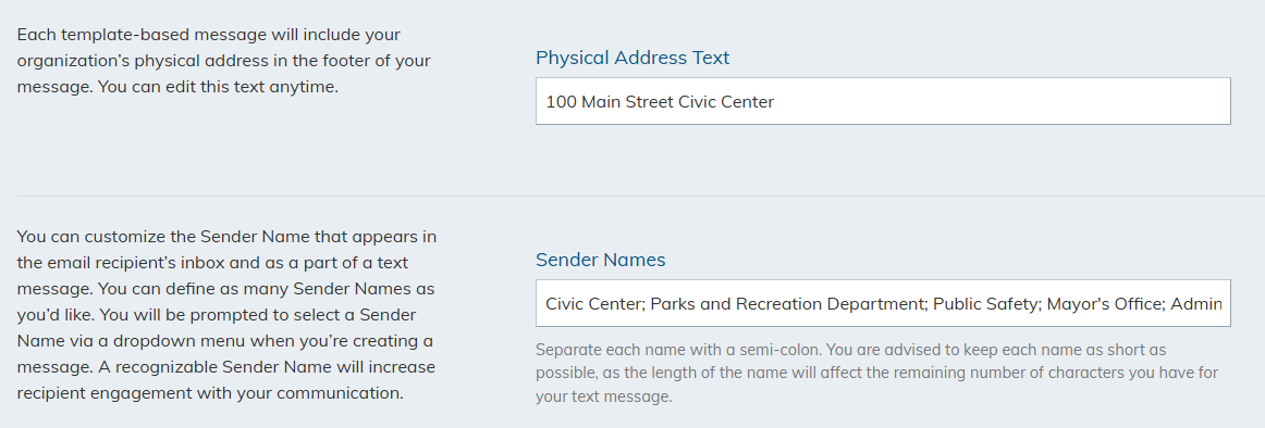 Settings fields continued.