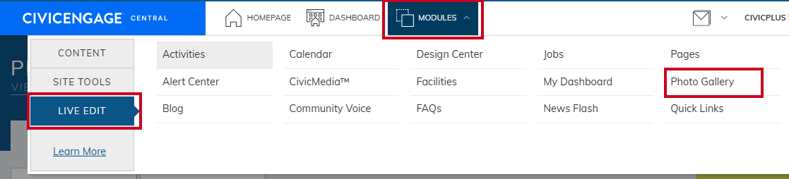 Live Edit menu, Photo Gallery.